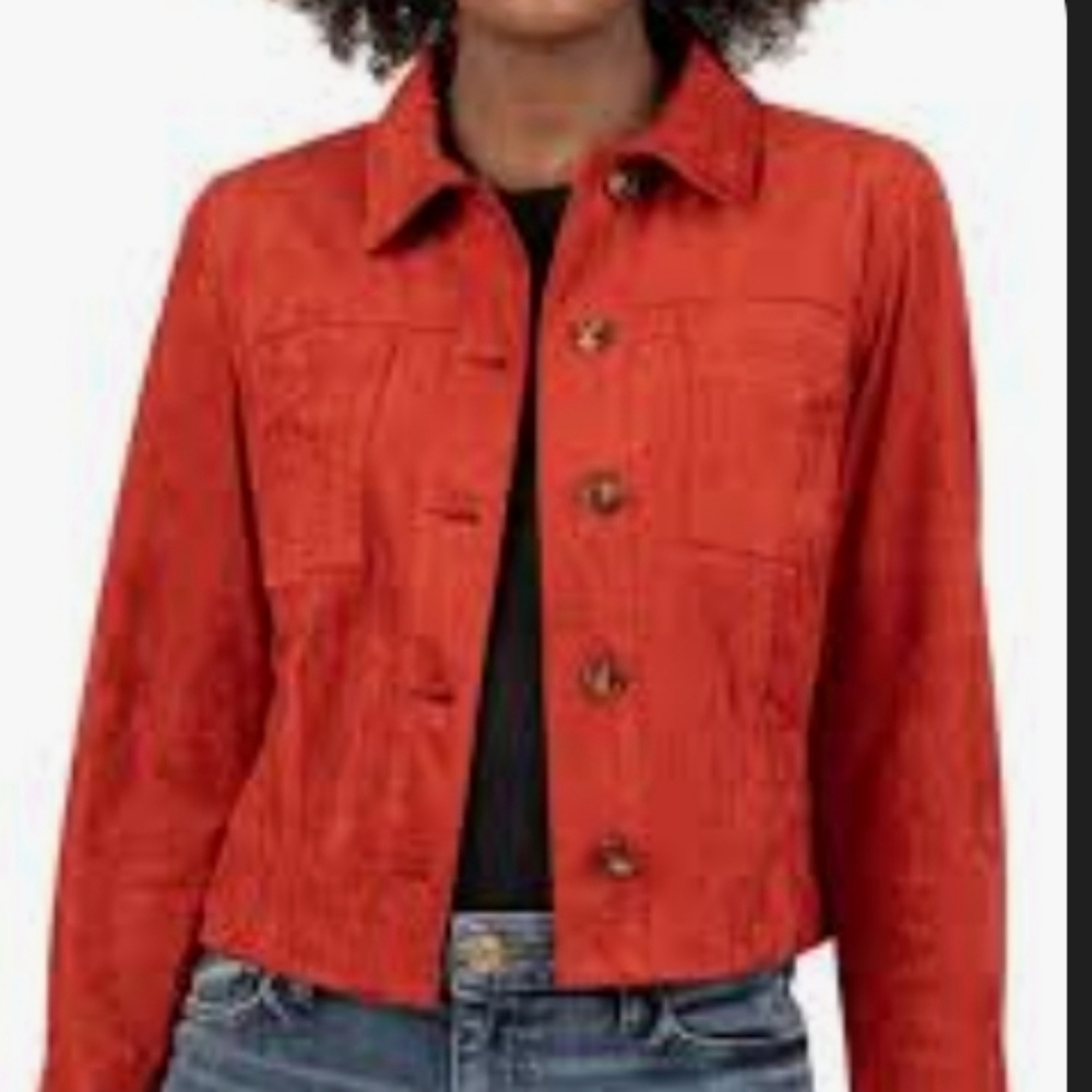 Kut from the Kloth Women's Vibrant Cropped Red Orange Faux Suede Jacket XS